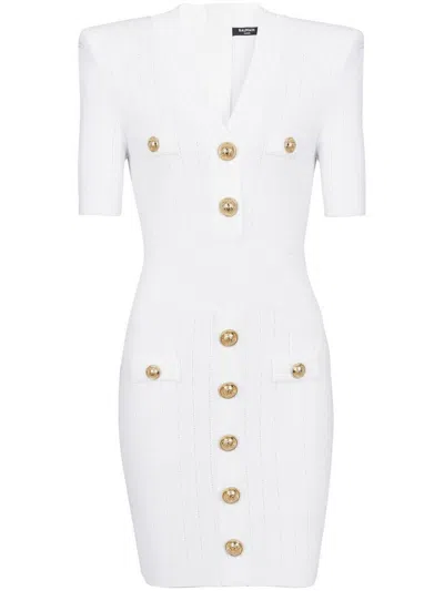 BALMAIN SHORT WHITE FITTED DRESS WITH BUTTONS