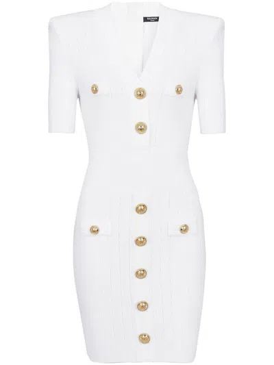 Balmain Embossed Button Short Dress In White