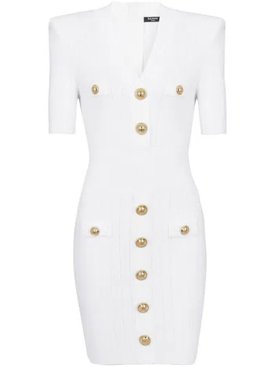 BALMAIN BALMAIN SHORT WHITE FITTED DRESS WITH BUTTONS