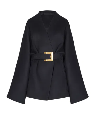 Balmain Short Wool Wrap Coat In Black