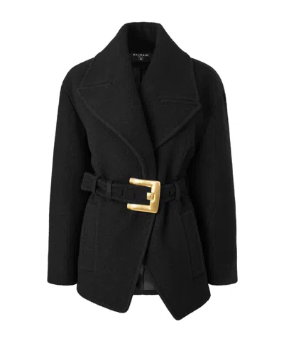 Balmain Short Wool Wrap Coat In Black