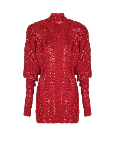Balmain Short Zebra Sequin Dress In Red