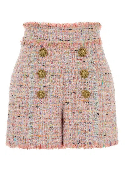 Balmain Multicolor Tweed Shorts In Pink
