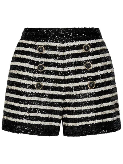 BALMAIN BLACK AND WHITE STRIPED SHORTS WITH JEWEL BUTTONS IN ALL-OVER SEQUINS FABRIC WOMAN