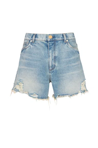 Balmain Raw Edge Denim Shorts In Blue