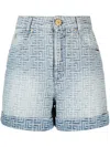 Balmain Denim Wide Leg Shorts With All-over Pattern In Blue