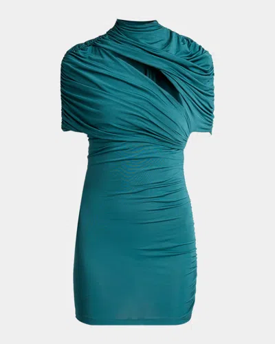 Balmain Short-sleeve Fluid Jersey Ruched Mini Dress In Green