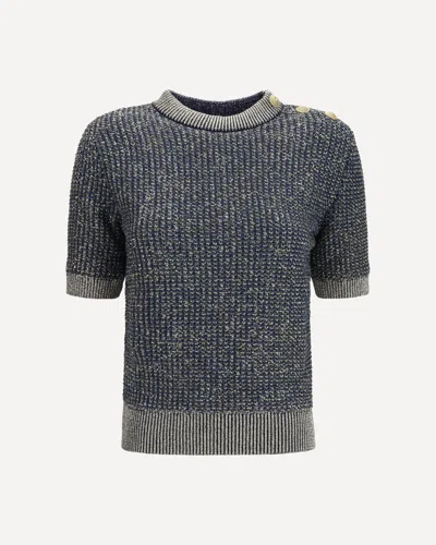 Balmain Short-sleeve Sequined Sweater With Buttons In Blue