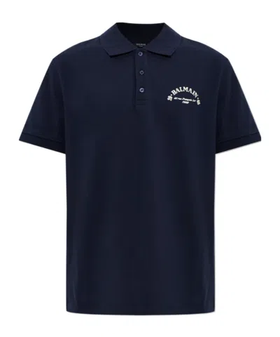 Balmain Logo-print Cotton Polo Shirt In Blue