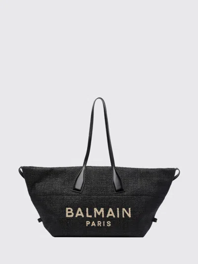 Balmain Track Raffia And Leather Bag With Embroidered Logo In Black