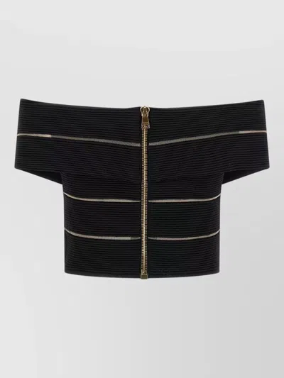 Balmain Shoulder Baring Cropped Top Ribbed Stripes In Black