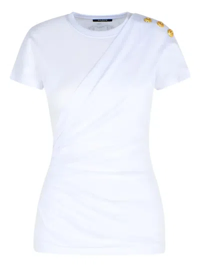 Balmain Cotton T-shirt With Button Detail And Draped Design In White