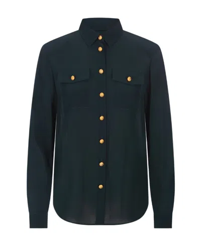 Balmain Shoulder-pads Button-up Silk Shirt In Green