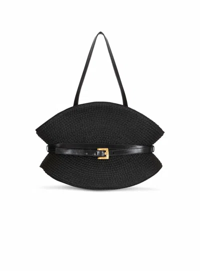 Balmain Shuffle Medium Bag In Calfskin Leather And Raffia In Black