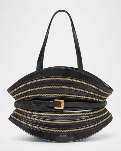 Balmain Shuffle Medium Belted Zipper Shoulder Bag In Leather In Black