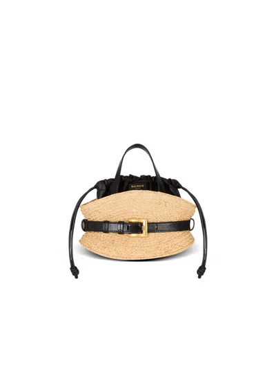 Balmain Shuffle Mini Top-handle Bag In Raffia And Calfskin In Nude