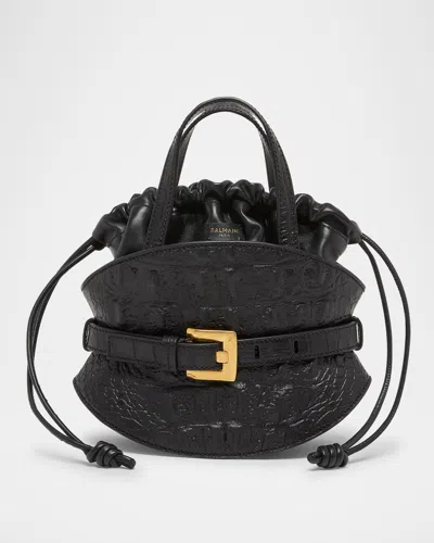 Balmain Shuffle Mini Belted Shoulder Bag In Croc-embossed Leather In Black