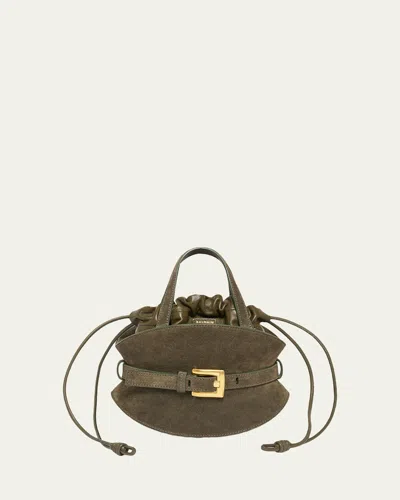 Balmain Shuffle Mini Belted Top-handle Bag In Suede In Brown