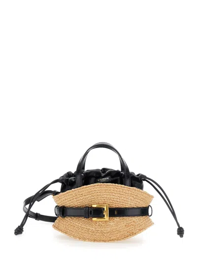 Balmain Shuffle Mini Top-handle Bag In Raffia And Calfskin In Nude