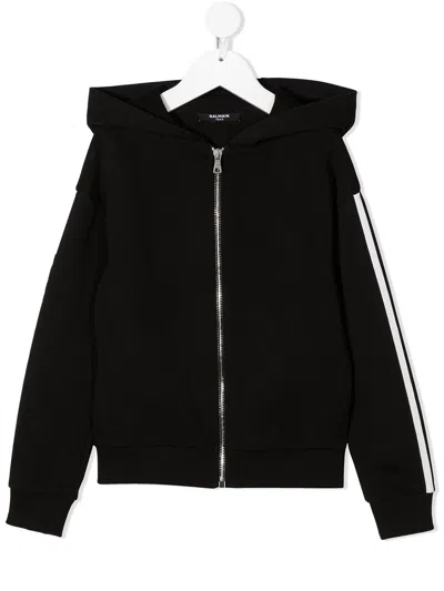 Balmain Kids' Side-logo Zipped Hoodie In Black