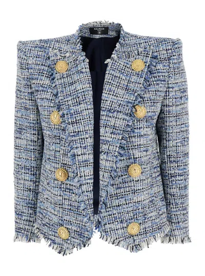 BALMAIN 'SIDE TO SIDE' BLUE JACKET WITH PEAK REVERS AND JEWEL BUTTONS
