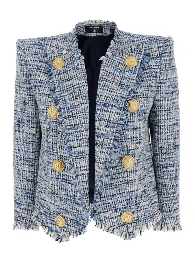 Balmain 'side To Side' Blue Jacket With Peak Revers And Jewel Buttons