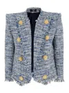 Balmain Spencer Button-embellished Frayed Cotton-blend Tweed Blazer In Blu