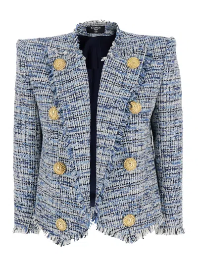 BALMAIN SIDE TO SIDE BLUE JACKET WITH PEAK REVERS AND JEWEL BUTTONS IN COTTON BLEND WOMAN