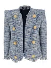 Balmain Spencer Button-embellished Frayed Cotton-blend Tweed Blazer In Multicolor
