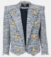 Balmain Spencer Button-embellished Frayed Cotton-blend Tweed Blazer In Bleu Jean Clair