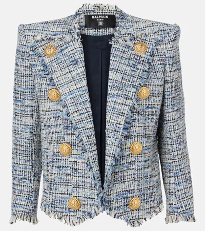 BALMAIN SIDE TO SIDE DENIM TWEED SPENCER JACKET