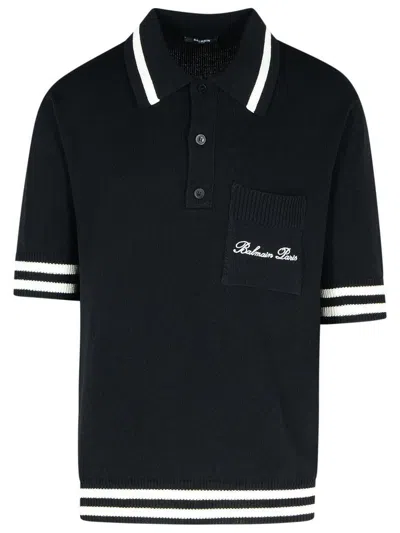 BALMAIN BALMAIN 'SIGNATURE' BLACK COTTON BLEND POLO SHIRT