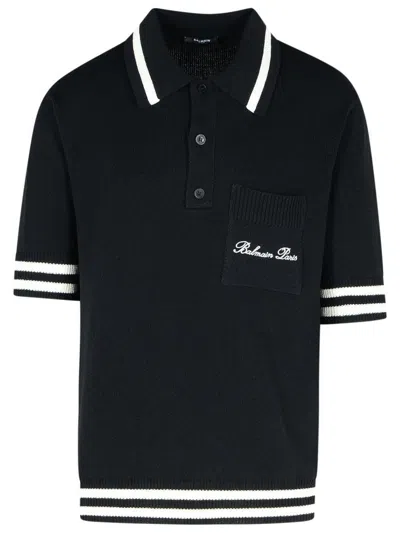 BALMAIN SIGNATURE' BLACK COTTON BLEND POLO SHIRT