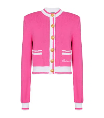 Balmain Strong-shoulder Signature Buttoned Knit Cardigan In Pink