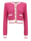 Balmain Strong-shoulder Signature Buttoned Knit Cardigan In Fuchsia