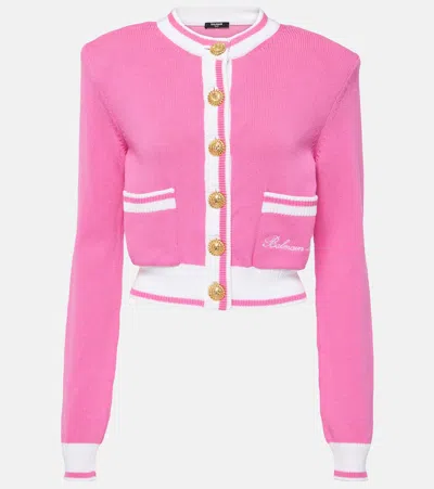 Balmain Strong-shoulder Signature Buttoned Knit Cardigan In Pink