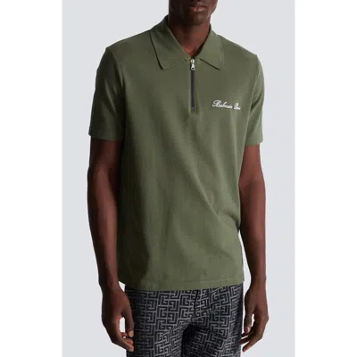 Balmain Signature Embroidered Cotton Piqué Zip Polo In Umd Green/black
