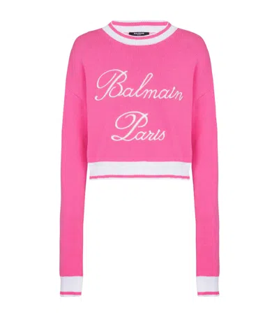 Balmain Cotton-blend Embroidered-logo Sweater In Pink