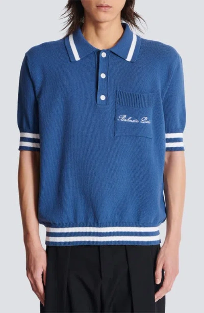 Balmain Signature Logo Embroidered Polo T-shirt In Blue