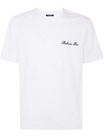 Balmain Signature Embroidered T Shirt Regular Fit In White