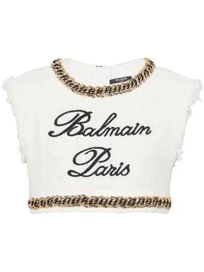 Balmain Signature-embroidered Tweed Crop Top In White