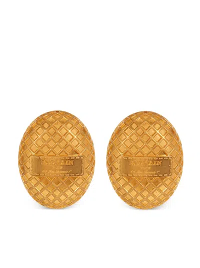 Balmain Mesh-design Logo-engraved Earrings In Gold