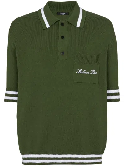 Balmain Signature Knitted Polo Top In Khaki Blanc