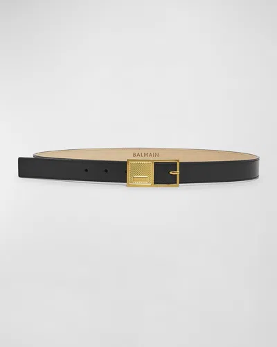 Balmain Signature Leather Belt With Geometric Buckle In 0pa Noir