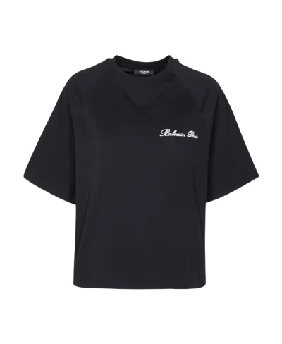 Balmain Signature Logo Cropped T-shirt In Black