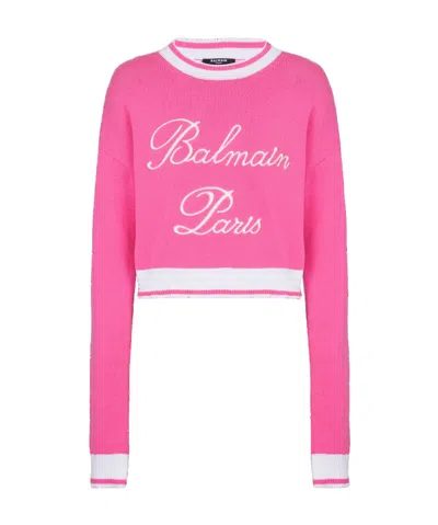 Balmain Cotton-blend Embroidered-logo Sweater In Pink