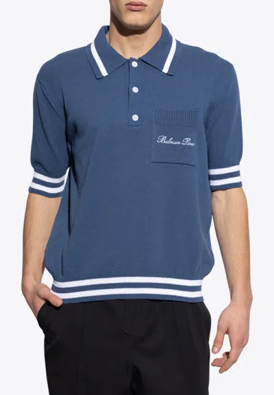 Balmain Logo-embroidered Striped Knitted Polo Shirt In Blue