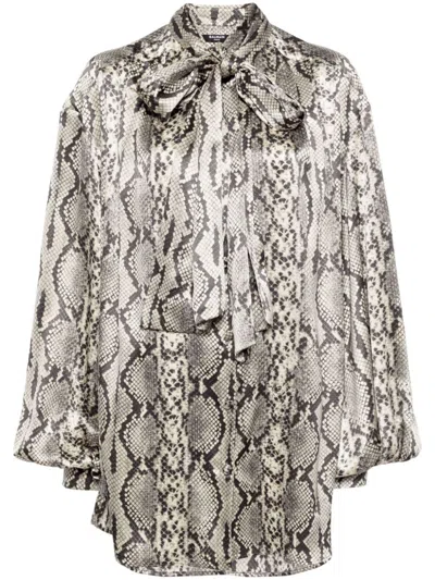 Balmain Snake-print Tie-detail Silk Blouse In Gray