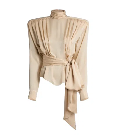 Balmain Silk Charmeuse Blouse With Padded Shoulders And Tie In Neutral