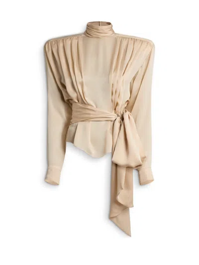 Balmain Silk Chiffon Blouse With Padded Shoulders And Tie In Brown